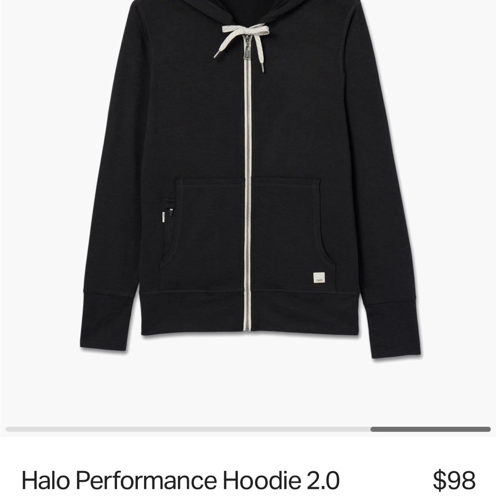 Vuori Black Zip-Up Halo Performance Hoodie with Cream Drawstring